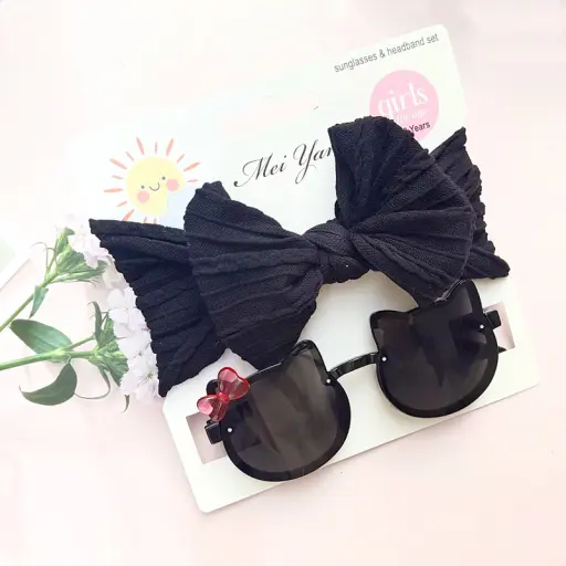 2PcsSet Soft Colorful Wide Bow Headbands for Kids Girls Polarized Cat Ears Sunglasses Hair Accessories (2)