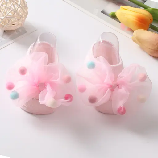 Baby Socks With Decorative Bows And Colorful Pom Poms (3)