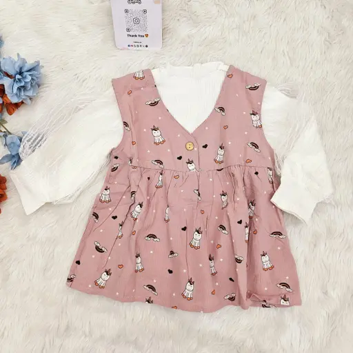 Cartoon Printed Long Sleeved Frock For Girls