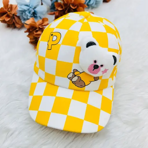 Checkered Kids Baseball Cap With A Teddy Bear Embellishment