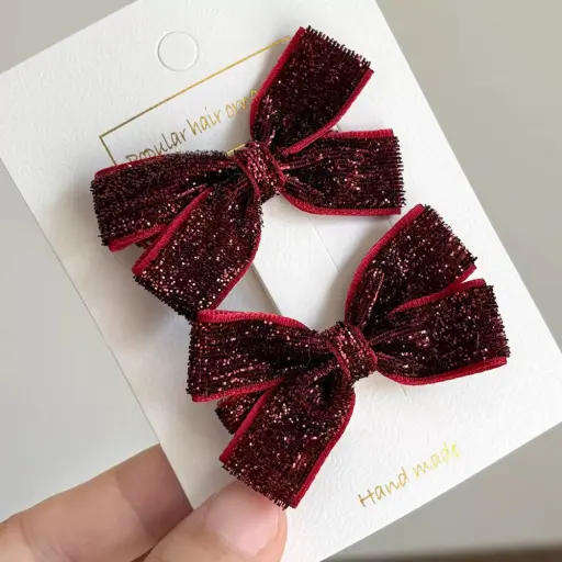 Fashionable Sweet Red Cute Advanced Fine Flash Velvet Bow Childrens Hair Clip 2