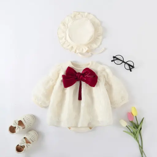 Full Sleeve Floral Embroidered Onesies Frock With Hat For Newbies