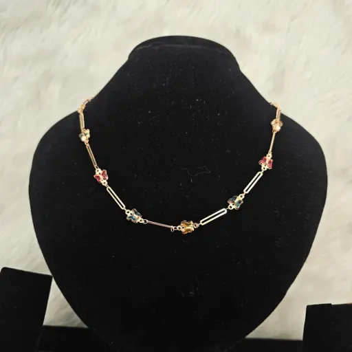 Gold Toned Link Chain Necklace With Multi Colored Floral Accents