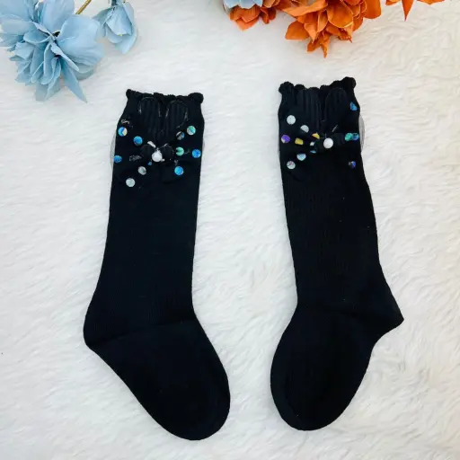 Knee High Socks With A Bow And Sequin Embellishments 2