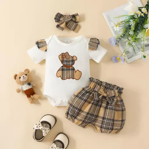 Long Sleeve Ruffle Rompers Plaid Trousers with Headband Sets