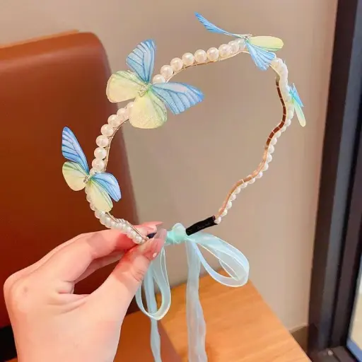 Princess Fairy Style Butterfly Headband, Faux Pearl & Ribbon Decor Hair Band For Girls (2)