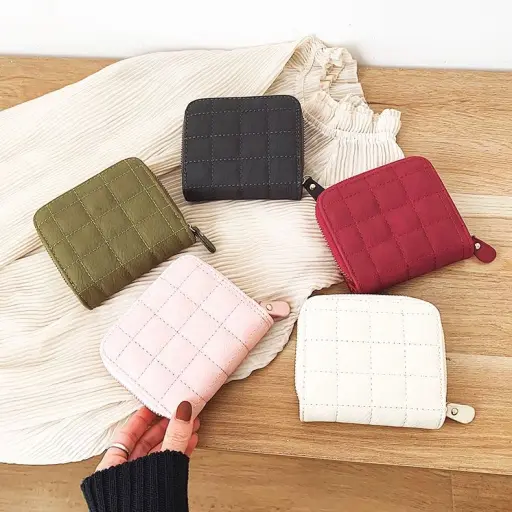 Small Zipper Wallet with Coin Purse PU Leather Plaid Purses