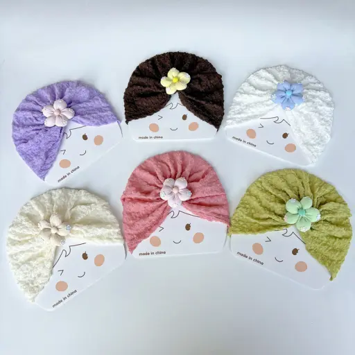 Soft Turban Cap with Flower Bow, Beanie Cap for Newborn Baby