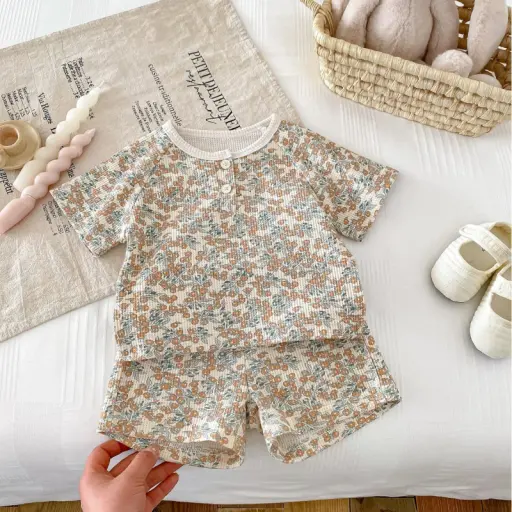 Thin Breathable Clothes Boys Waffle Short-sleeved Suit 6M-12M Tangerine