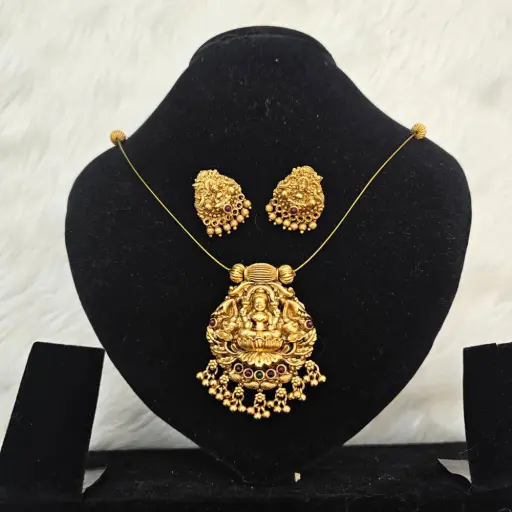 Traditional Indian Matte Gold Plated Lakshmi Pendant Necklace Set