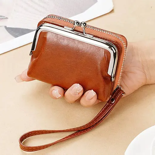 Womens Leather Wristlet Vintage Purse Kiss Lock Bag Wallet 1