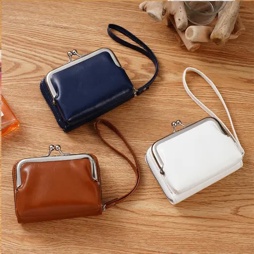 Womens Leather Wristlet Vintage Purse Kiss Lock Bag Wallet