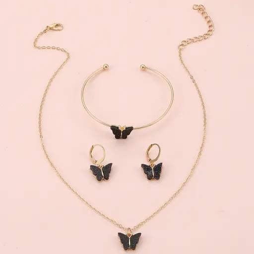 Butterfly Necklace Bracelet Earring Jewelry Three-Piece Set Black