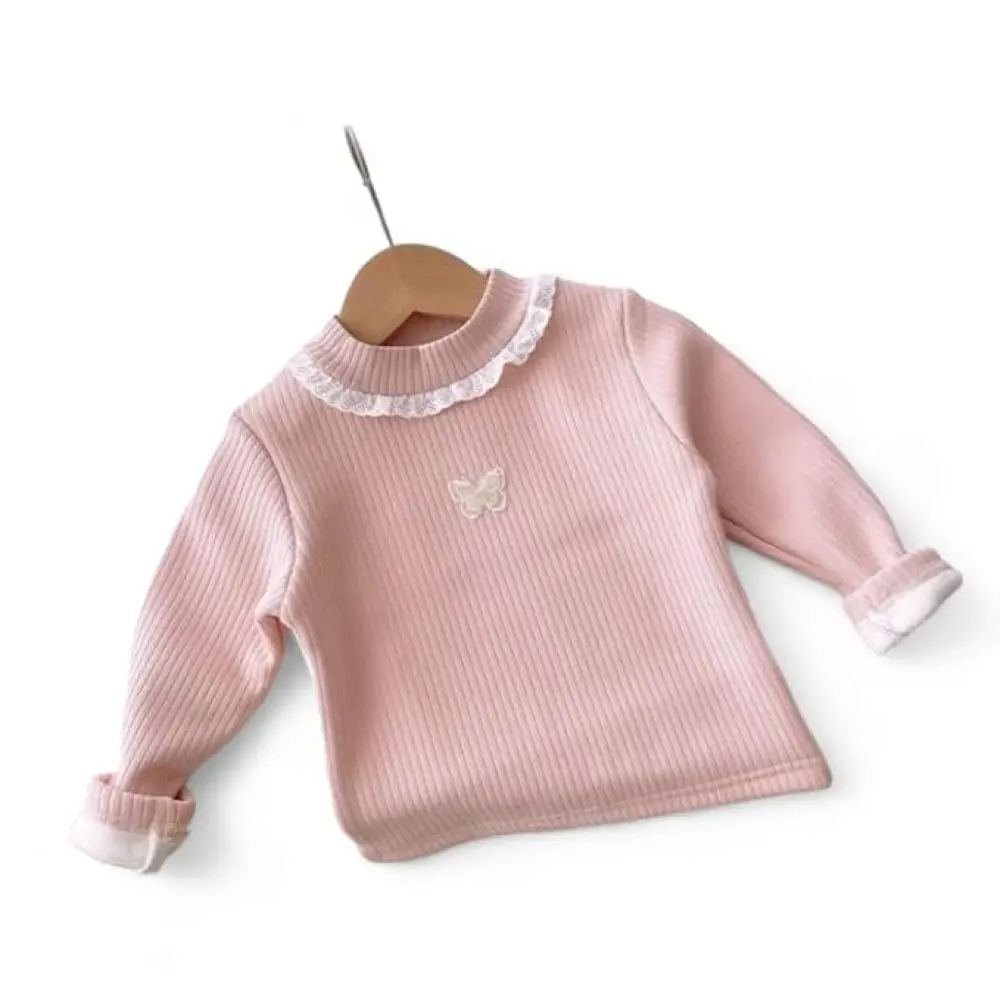 Baby Girls Long Sleeve Striped Lace Tops Pink