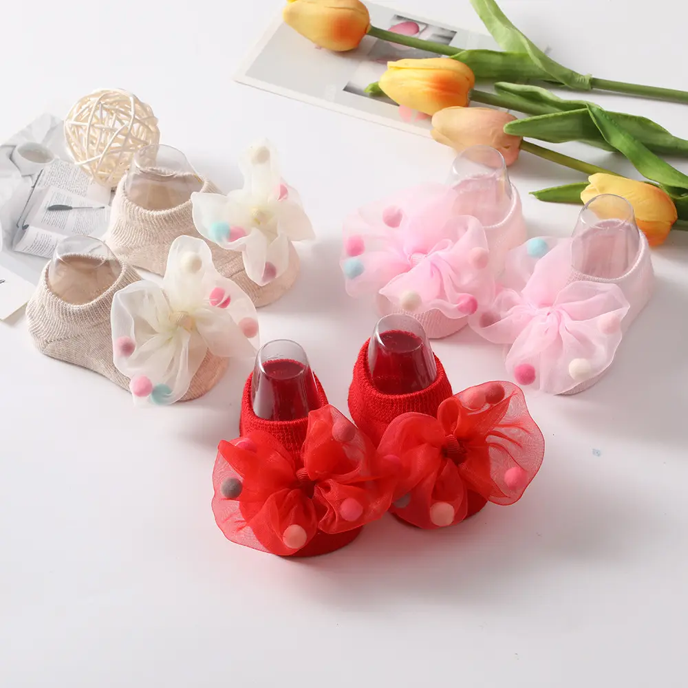 Baby Socks With Decorative Bows And Colorful Pom Poms (4)