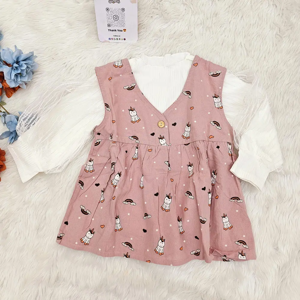 Cartoon Printed Long Sleeved Frock For Girls