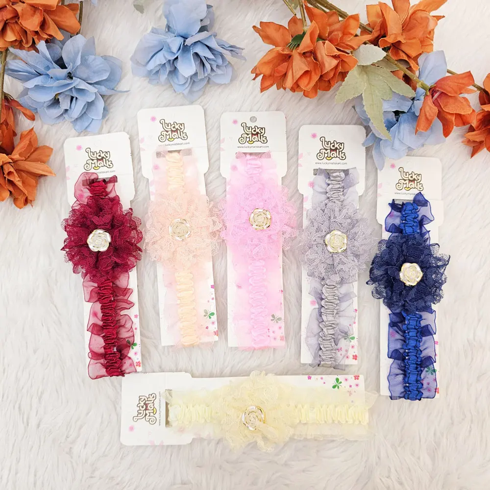 Floral Hair Accessory With Floral Centre, Elastic Ruffle Band (Pack of 6) 