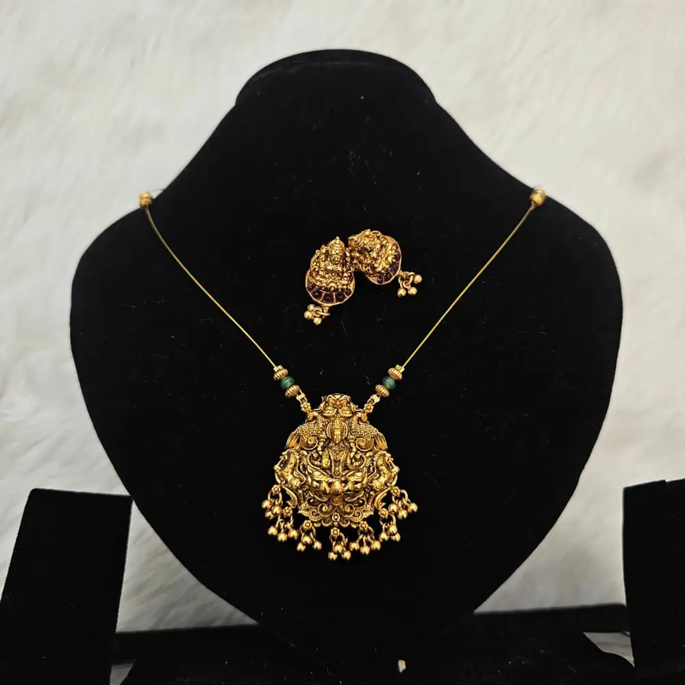 Gold Plated Temple Necklace Set With A Goddess Lakshmi Pendant