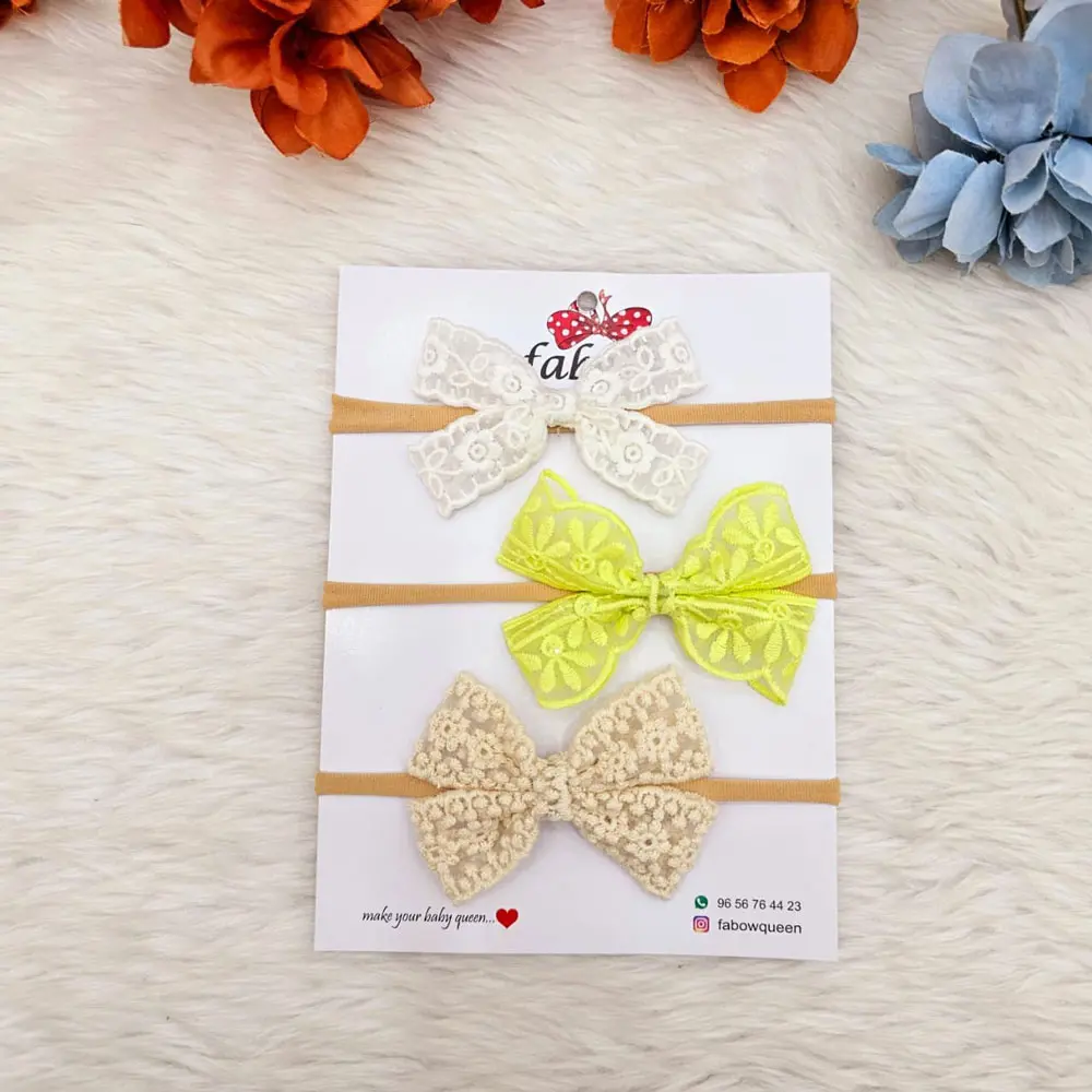 Lace Embroidered Hair Bow Girls Clip Or Baby Nylon Headband(PACK OF 3)