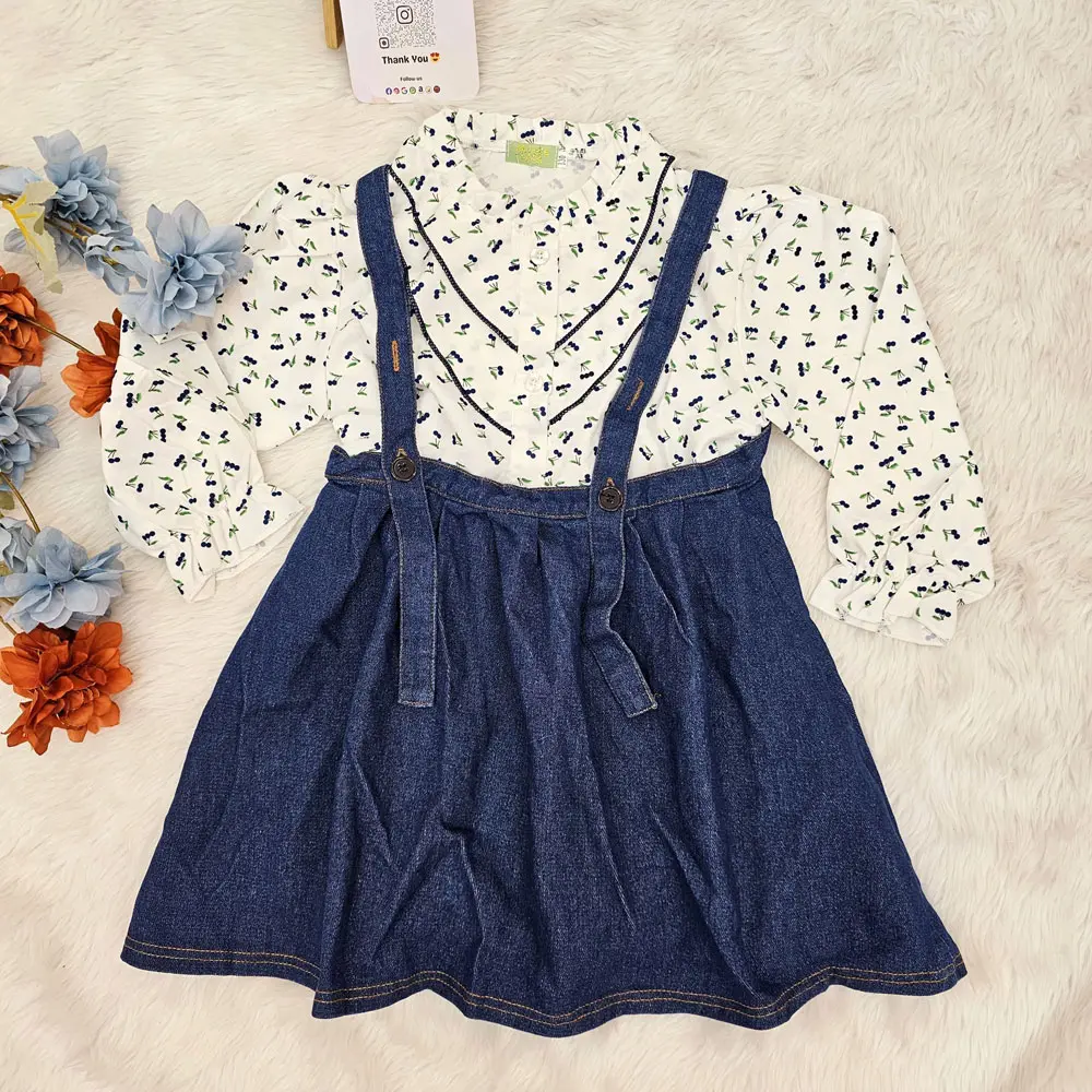 Long Sleeve Shirt And Denim Strap Suspender Skirt Two Piece Set