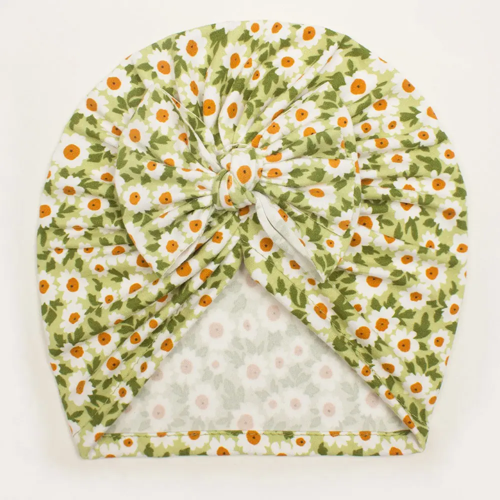 Newborn Baby Girls Hats Cute Baby Bow Hat Summer Thin Flower Print Creative Pullover Turban (5)