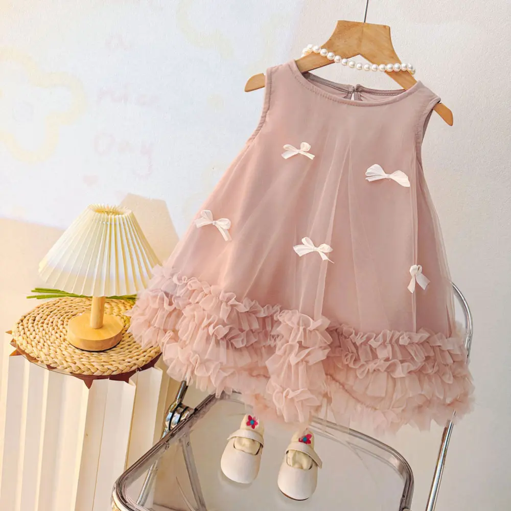 Sleeveless  Tulle Dress With Bow Decoration 