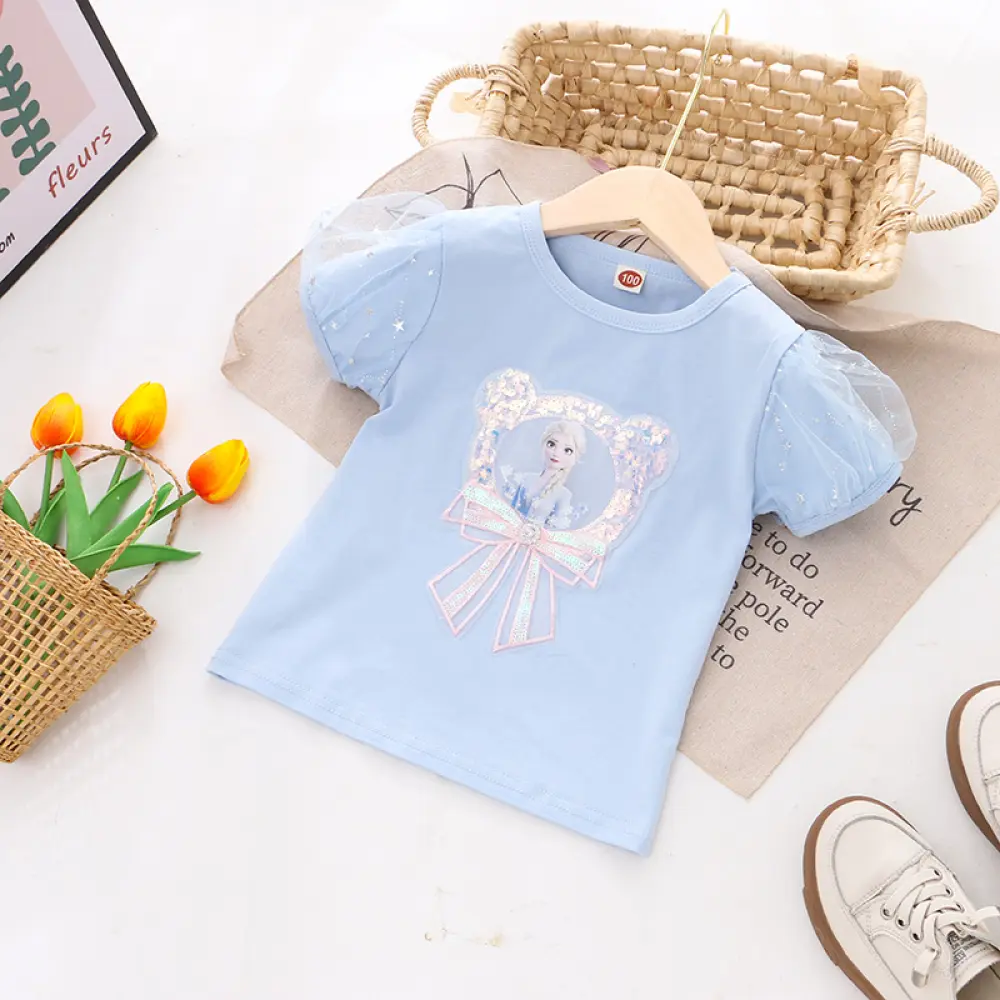 Toddler Girl Bow Puffed Short Sleeve T Shirt Top