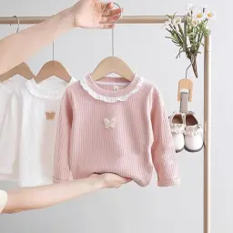 Baby Girls Long Sleeve Striped Lace Tops Pink