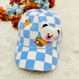 Checkered Kids Baseball Cap With A Teddy Bear Embellishment 2