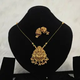 Gold Plated Temple Necklace Set With A Goddess Lakshmi Pendant