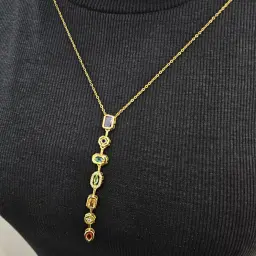 Gold Toned Y style Necklace With Multi Colored Gemstone