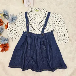 Long Sleeve Shirt And Denim Strap Suspender Skirt Two Piece Set