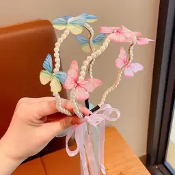 Princess Fairy Style Butterfly Headband, Faux Pearl & Ribbon Decor Hair Band For Girls (6)