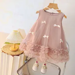 Sleeveless  Tulle Dress With Bow Decoration 