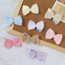 Soft Furry Bow Bair Clips With Small Butterfly Embellishment Hairclip